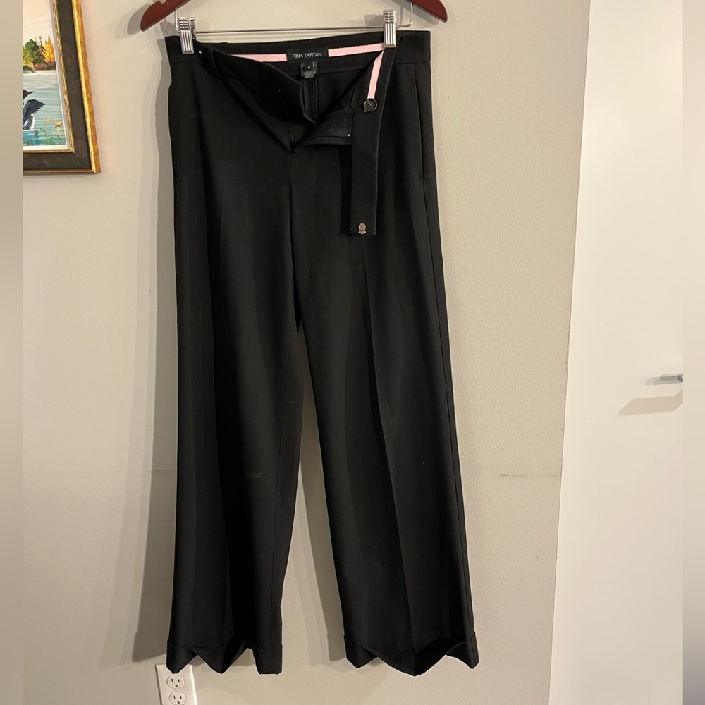 Pink Tartan Elegant Black Wide-Leg Trousers